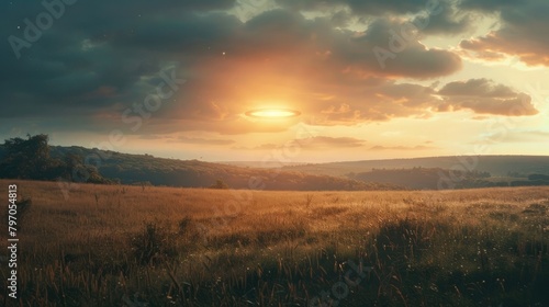 A detailed image of a rural landscape with a glowing unidentified object hovering in the distance, sparking curiosity.