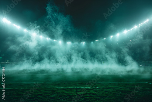 Toxic Green Fog A Nightmarish Scene in the Socce, Soccer stadium with a green and white flag on the top 