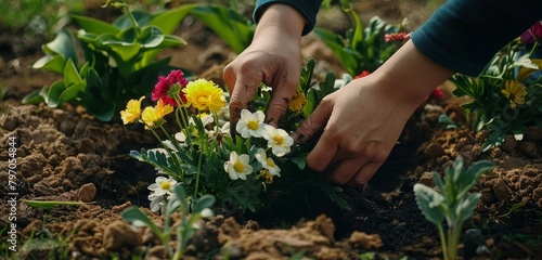 A gardener works with white flowers at sunset.