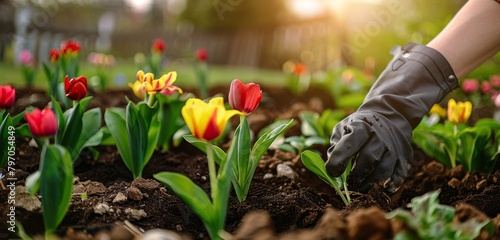 Person planting in a garden with sun setting in the background.