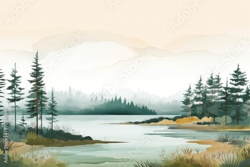 Beautiful landscape view of pine forest tree and lake outdoors nature plant. photo