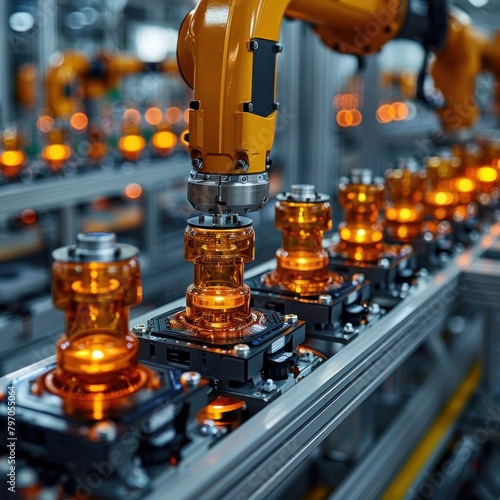 Battery Cell Manufacturing Process: Show a close-up of automated machinery assembling electric vehicle battery cells, highlighting precision and technology involved in mass production. Generative AI