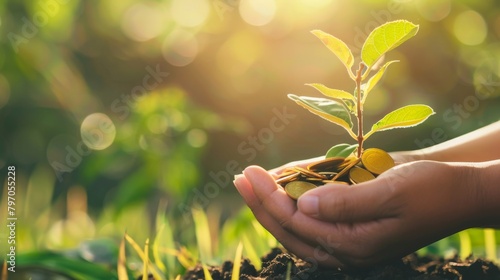 A hand holding a growing plant with coins representing money