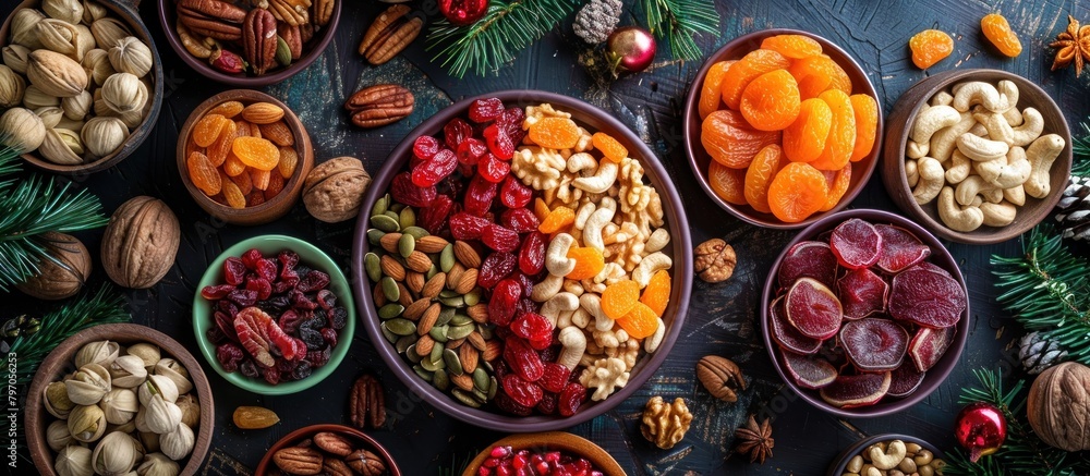 Assorted Nuts and Dried Fruits in Bowls