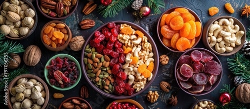 Assorted Nuts and Dried Fruits in Bowls