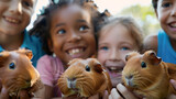 A collection of ecstatic school kids observing and holding brown baby guinea pigs in a school pet house setting. It is a close-up picture on a sunny day. 