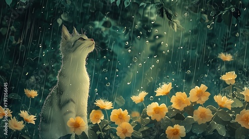 Rainy Day in the Forest Cat with Yellow Flowers Pet and Animal Background, Veterinary Wallpaper Concept, Feline Advertising Marketing Design Background 