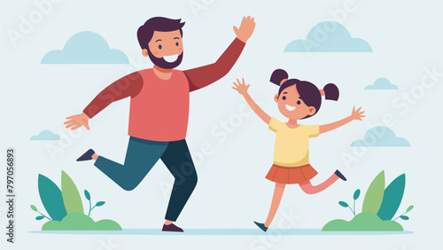 A father and daughter laughing and highfiving after successfully completing a threelegged race during Family Olympics Day.