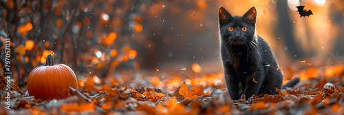 View of a Black Cat with Pumpkins in the Autumn,
Cat in the forest 3D Image