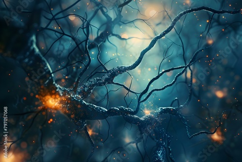 Illustration of firing neurons in brain representing complexity of treating head pain. Concept Head Pain, Neurons, Brain Complexity, Treatment, Illustration
