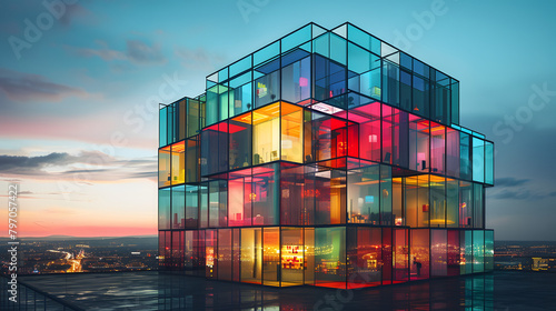 A colorful glass building with multilevel cube spaces for luxury living. each window glowing from within photo