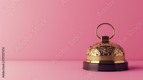 Gilded bell hotel service on pastel beige background photo