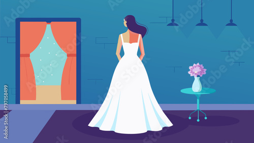 In the corner of the room the brides wedding gown hangs elegantly as she takes a moment to admire its intricate lace and beading.. Vector illustration