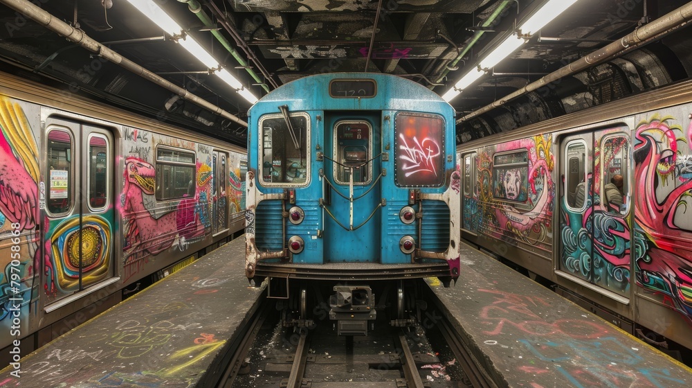 An abandoned subway station brought to life with graffiti art featuring mythological creatures and surreal landscapes across the walls and train cars An abandoned subway station brought to life with graffiti art featuring mythological creatures and surreal landscapes across the walls and train cars