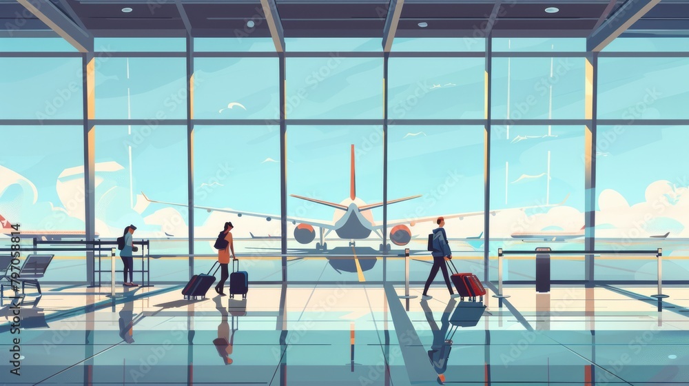 An airport terminal scene in 2D flat style, with travelers pulling luggage, checking in at simple counters, and airplanes visible through large, flat windows.