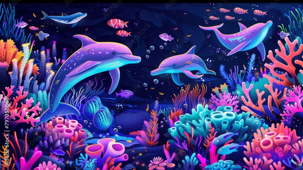 An underwater scene bursting with neon colors, featuring playful dolphins, rainbow coral reefs, and shimmering fish An underwater scene bursting with neon colors, featuring playful dolphins, rainbow coral reefs, and shimmering fish