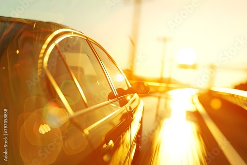 3D sedan driving towards the sun in a 3D render advertisement. Concept 3D Render, Sedan, Sun, Advertisement