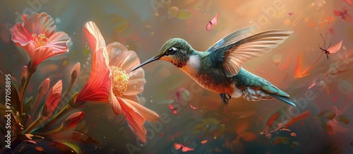 Hovering Hummingbird and Flower
