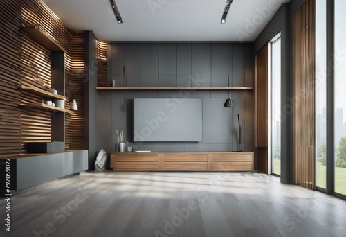 gray slat rendering built-in 3d wall empty room cabinet Modern wooden