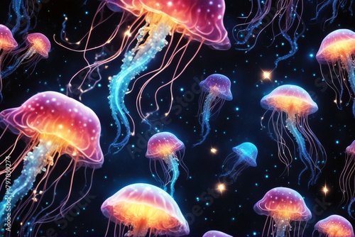 'sea space jellyfish stars medusa swim neon glowing blue cosmos deep fantasy light background design futuristic illustration abstract wallpaper texture galaxy graphic sky water digital nature pattern' © akkash jpg