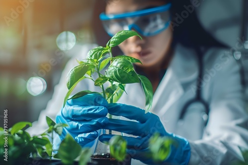 Scientist examining GMO plant in lab for research on genetic modification. Concept Biotechnology, Genetic Engineering, Laboratory Research, GMO Agriculture, Plant Science
