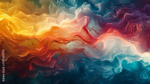 A colorful, swirling pattern of red, yellow, and blue