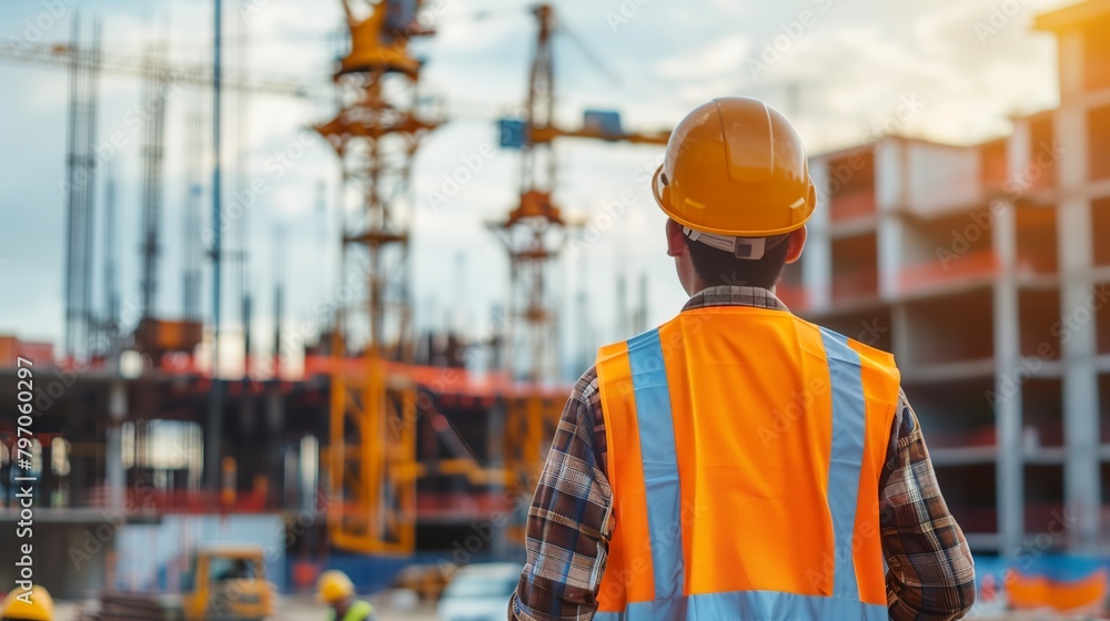 a construction worker is looking at a construction site in the background with a crane in the foreground a construction worker is looking at a construction site in the background with a crane in the foreground