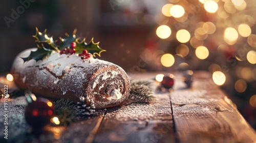 Yule log cake decorated with powdered sugar and berries on wood. Yule log cake by a Christmas tree with soft twilight.