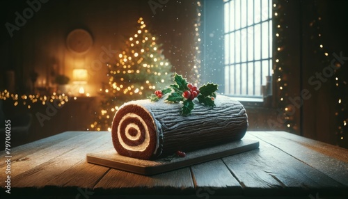 Yule log cake decorated with powdered sugar and berries on wood. Yule log cake by a Christmas tree with soft twilight. photo