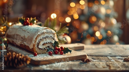 Yule log cake decorated with powdered sugar and berries on wood. Yule log cake by a Christmas tree with soft twilight.