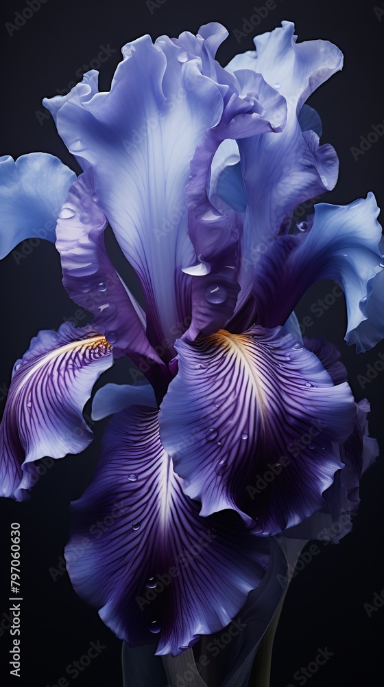Obraz premium Detailed shot of a wet blue iris, highlighting the texture and color contrast on a dark backdrop. Advertising of perfumes. Cosmetics. Florist shops.