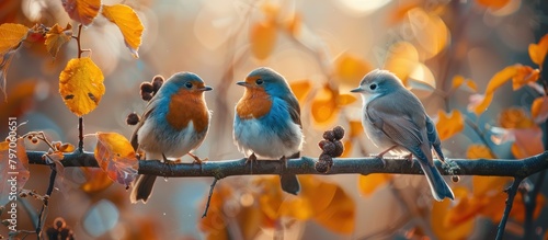 Three Birds Perched on Tree Branch photo