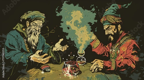 two men sitting at a table with a pot of liquid in front of them and a candle in the middle