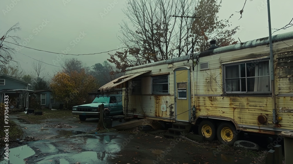 an old trailer and a camper are parked in a junkyard an old trailer and a camper are parked in a junkyard