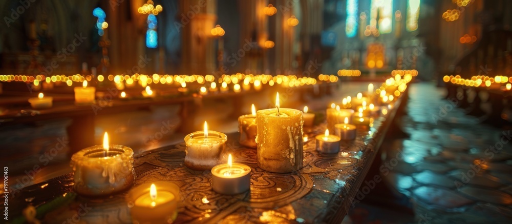 Many Lit Candles on Church Table Many Lit Candles on Church Table