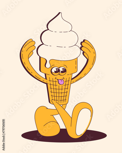 Cartoon cute Ice Cream cone. Vanila fozen dessert in retro groovy style. Ice cream mascot character walking with playful face expression vector illustration. photo