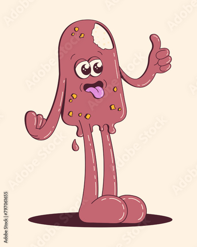 Funny Cartoon Ice Cream Character in Retro Style. Frozen sweet food mascot. Melting chocolate dessert with face showing thums up vector illustration. photo