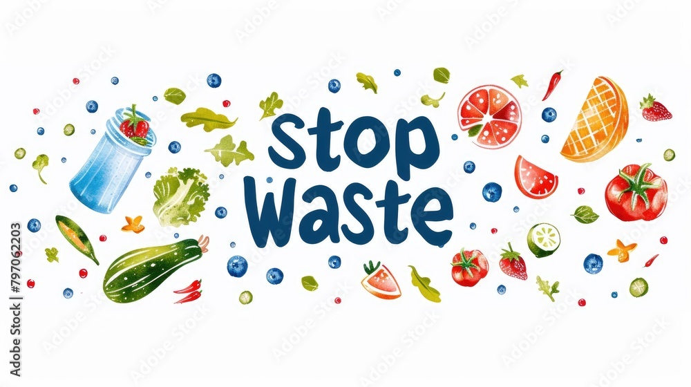 Dynamic Stop Food Waste Eco Campaign. Hand-drawn illustration with an assortment of vibrant vegetables and a bold 