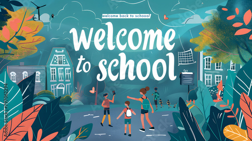 A creative design for an online banner. featuring the phrase welcome back to school in bold text at top center of poster.  photo