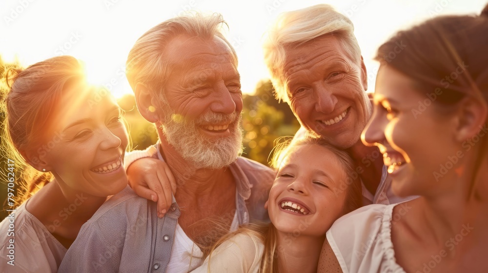 An old couple with their daughter and granddaughter all smiling at each other An old couple with their daughter and granddaughter all smiling at each other