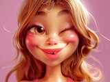A beautiful cartoon girl with long blond hair and brown eyes. She is winking and has a big smile on her face.