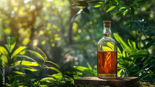 A bottle of whiskey on a wooden table in a forest. photo