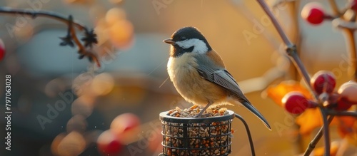 Small Bird Perched on Bird Feeder photo