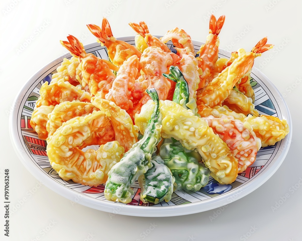 Platter of assorted tempura with prawns and vegetables in a crispy golden batter. Platter of assorted tempura with prawns and vegetables in a crispy golden batter.