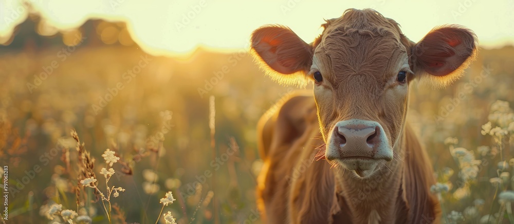 Brown Cow Standing in Tall Grass