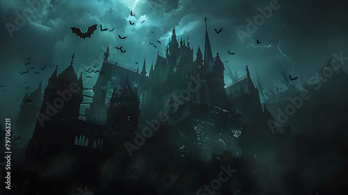 A dark fantasy gothic castle with bats flying around at night 