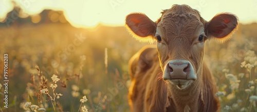 Brown Cow Standing in Tall Grass photo