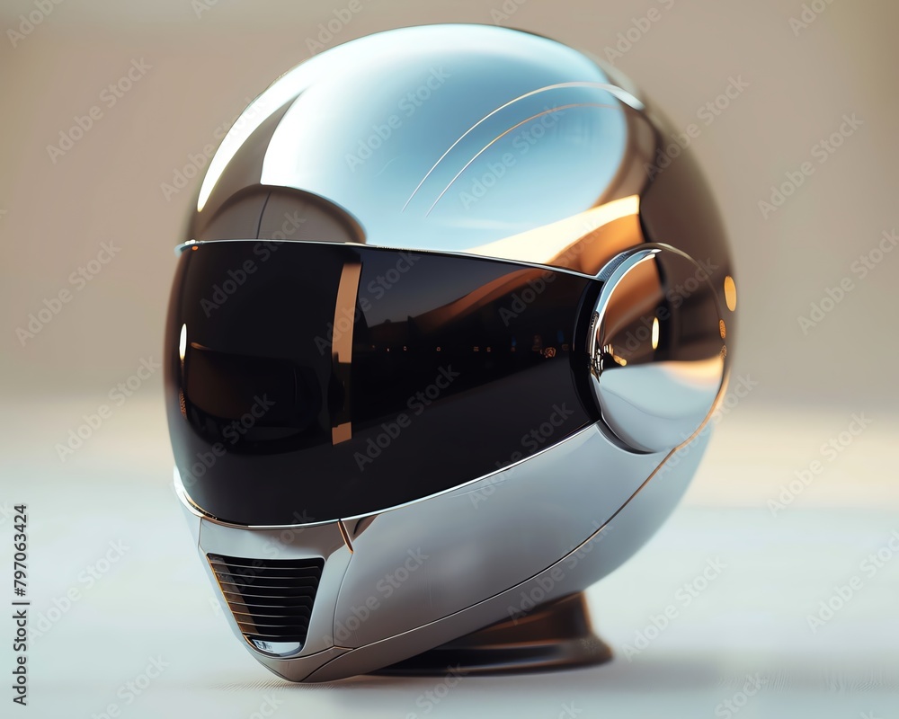 Fototapeta premium A silver futuristic motorcycle helmet with a black visor.