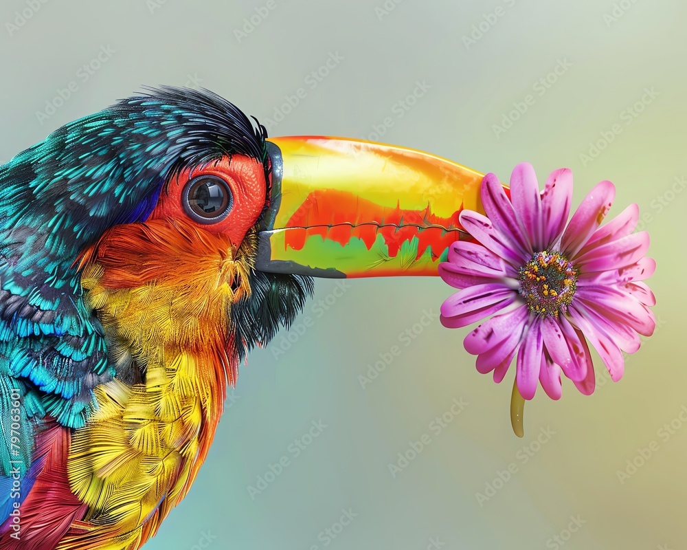 Obraz premium A colorful toucan with a flower in its beak.