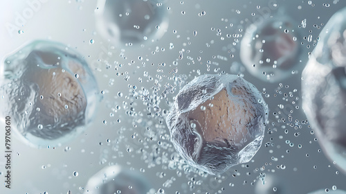 A detailed depiction of stem cell layouts on a gray canvas. with a gathering of cells at the core and tiny specks around them. The overall color theme is largely light gray